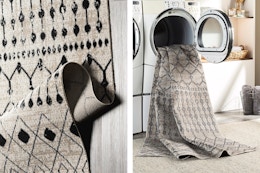 2 lifestyle images of Livabliss rugs (one image of it hanging out of washer/and or dryer machine