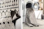 2 lifestyle images of Livabliss rugs (one image of it hanging out of washer/and or dryer machine