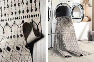 2 lifestyle images of Livabliss rugs (one image of it hanging out of washer/and or dryer machine