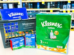 kleenex and claritin products with a walgreens shopping basket