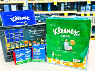 kleenex and claritin products with a walgreens shopping basket