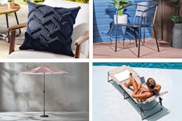 4 outdoor items from Lowe's: Pillow, Chair, Umbrella & Lounge Chair