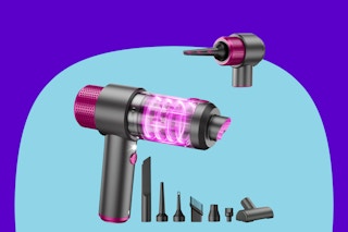 A black and pink cordless handheld vacuum cleaner with seven different attachments. In the corner is another view of it with another attach.