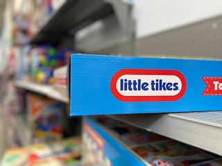 little tikes logo on a thing blue box perched on a walmart shelf