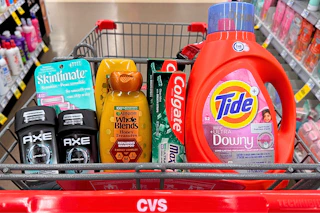 cvs shopping cart with tide, colgate, garnier, axe, and skintimate