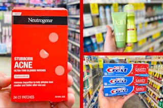 photo collage of neutrogena acne patches, ban deodorant, and kid's crest toothpaste