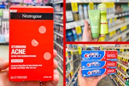 photo collage of neutrogena acne patches, ban deodorant, and kid's crest toothpaste