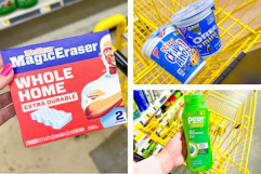 dollar general mr. clean, oreo, chips ahoy, pert plus 3-photo collage