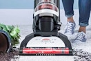 Lifestyle image of the Hoover Windtunnel Vacuum being used to clean up spilt soil from a fallen over plant