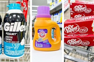 collage image of gillette shave foam, arm and hammer detergent, and dr pepper soda