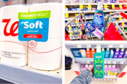 collage image of toilet paper, crest oral care, and olly body wash