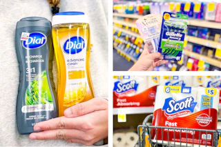 collage image of dial body wash, gillette and venus razors, and scott paper towels