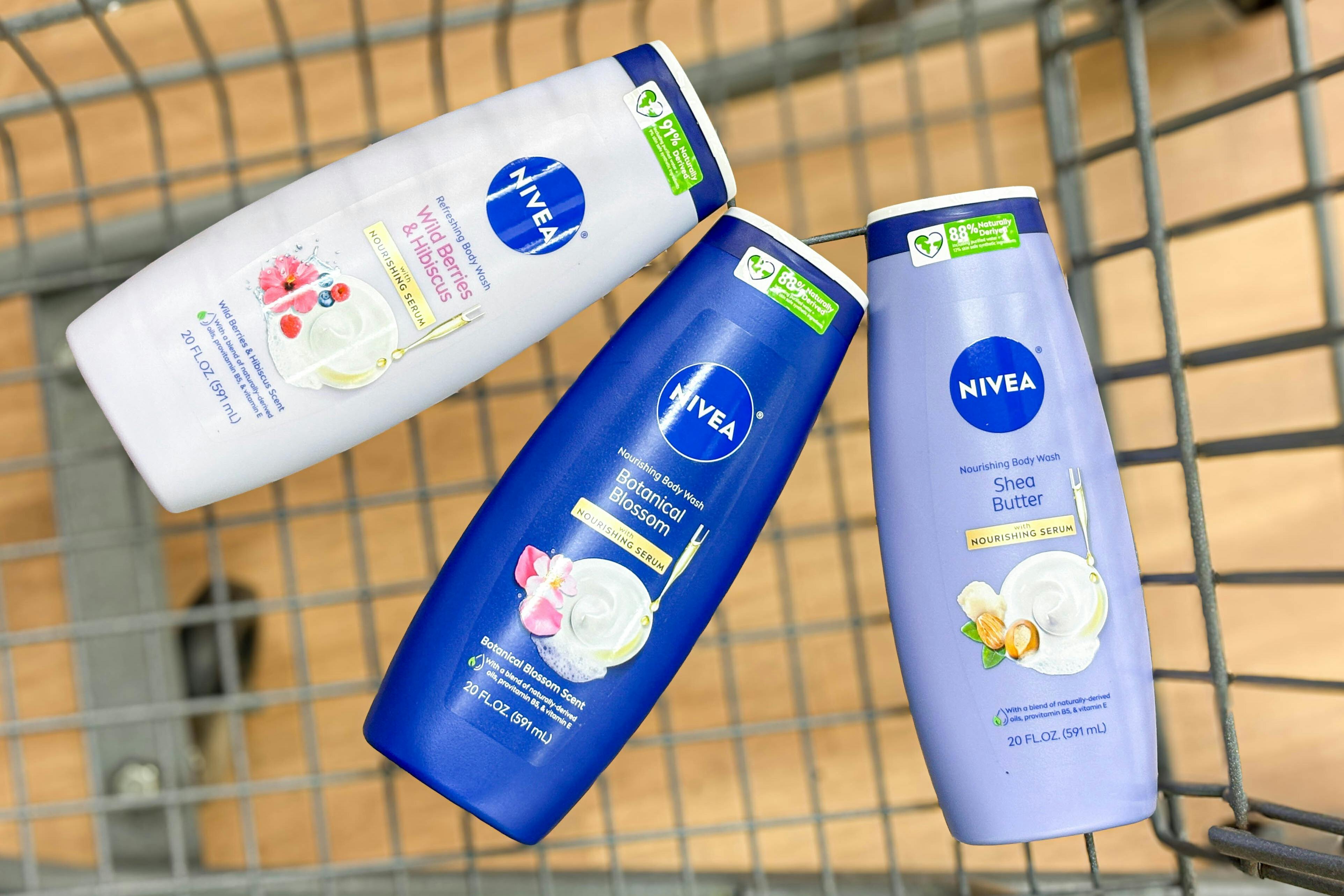 three nivea body washes in a shopping cart