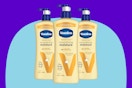 Vaseline Intensive Care Nourishing Moisture Body Lotion 3 Pk on a blue background.