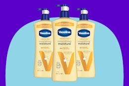 Vaseline Intensive Care Nourishing Moisture Body Lotion 3 Pk on a blue background.