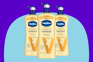Vaseline Intensive Care Nourishing Moisture Body Lotion 3 Pk on a blue background.