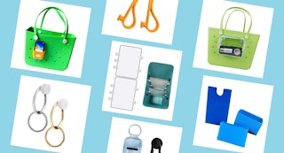 A collage of Bogg bag accessories