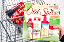 person holding an old spice gift set over a cart with another gift set in it