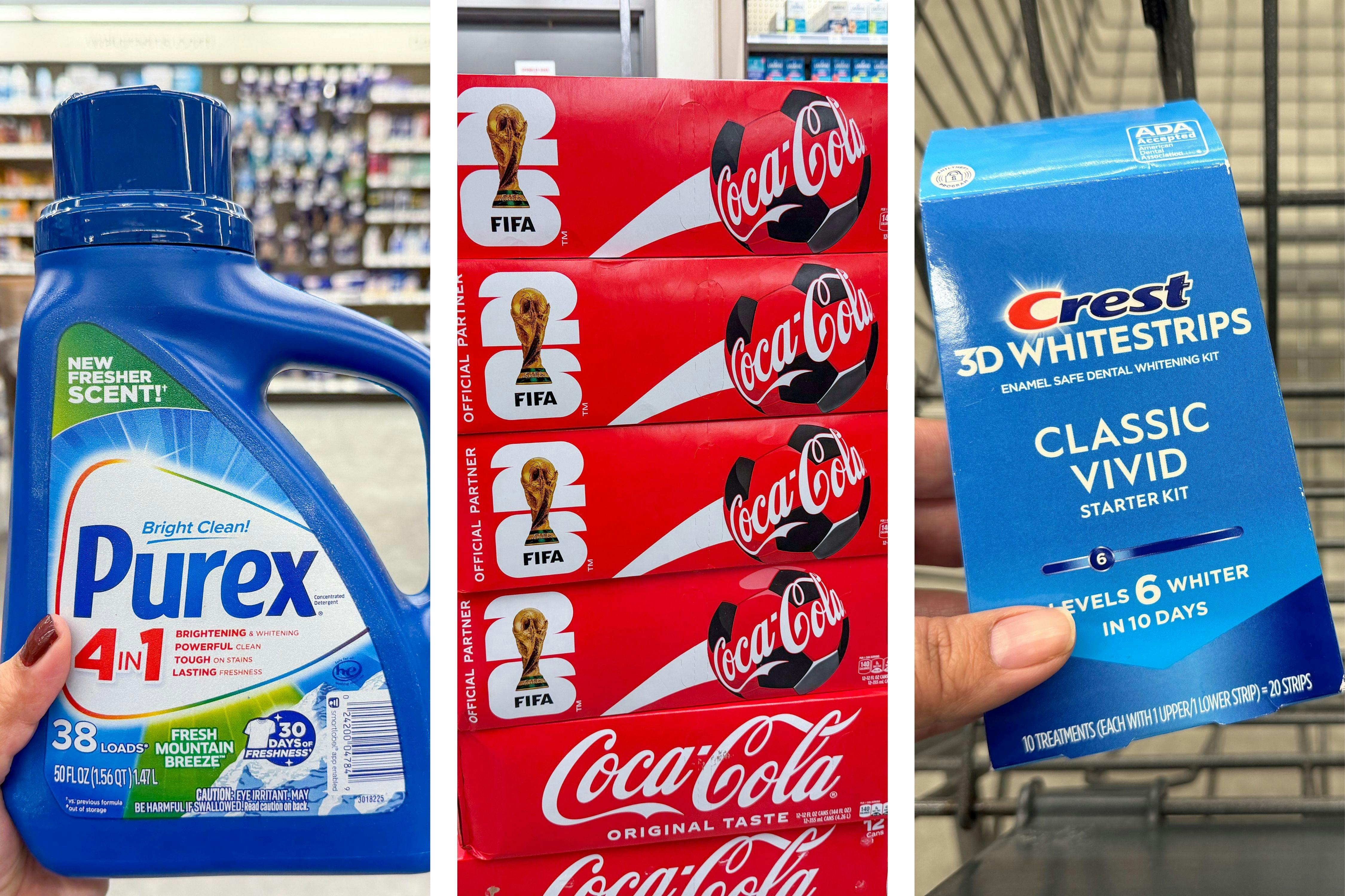 collage image of purex detergent, coca-cola, and crest white strips