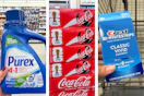 collage image of purex detergent, coca-cola, and crest white strips