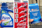 collage image of purex detergent, coca-cola, and crest white strips