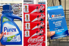 collage image of purex detergent, coca-cola, and crest white strips