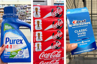 collage image of purex detergent, coca-cola, and crest white strips