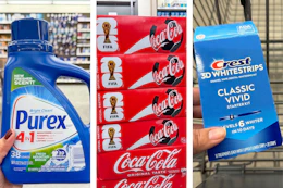 collage image of purex detergent, coca-cola, and crest white strips