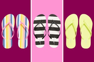 A collage of three patterned and solid color flip-flops
