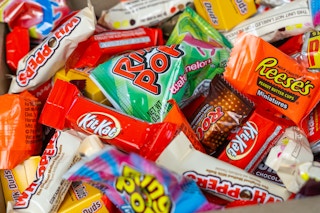 a close up on a pile of Halloween candy