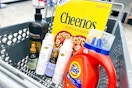 tresemme shampoo, sheamoisture hair oil, dove whole body deodorant, tide detergent, and cheerios cereal in a cart