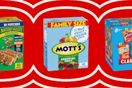 general mills snacks on red collage template: fruit snacks, granola bars, and more