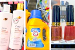 collage image of dove shampoo, arm & hammer detergent, and revlon nail polish