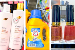 collage image of dove shampoo, arm & hammer detergent, and revlon nail polish