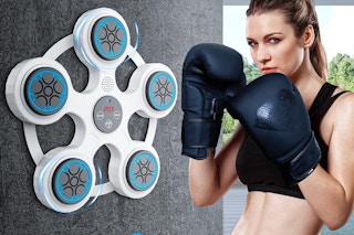 woman wearing boxing gloves next to music boxing machine set