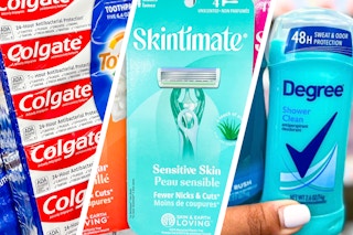 a collage with colgate, skintimate, and degree