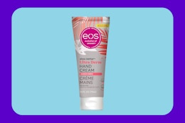 Eos hand cream bottle on blue KCL template
