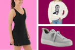 collage with models wearing clothing on a pink and maroon background
