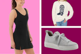 collage with models wearing clothing on a pink and maroon background