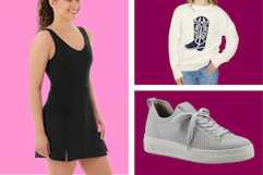 collage with models wearing clothing on a pink and maroon background