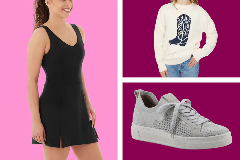 collage with models wearing clothing on a pink and maroon background