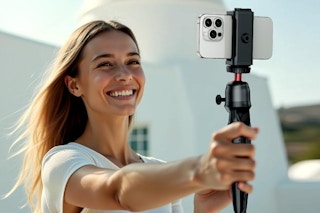 woman smiling and using tripod to hold her phone