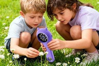 two kids sharing a microscope outside