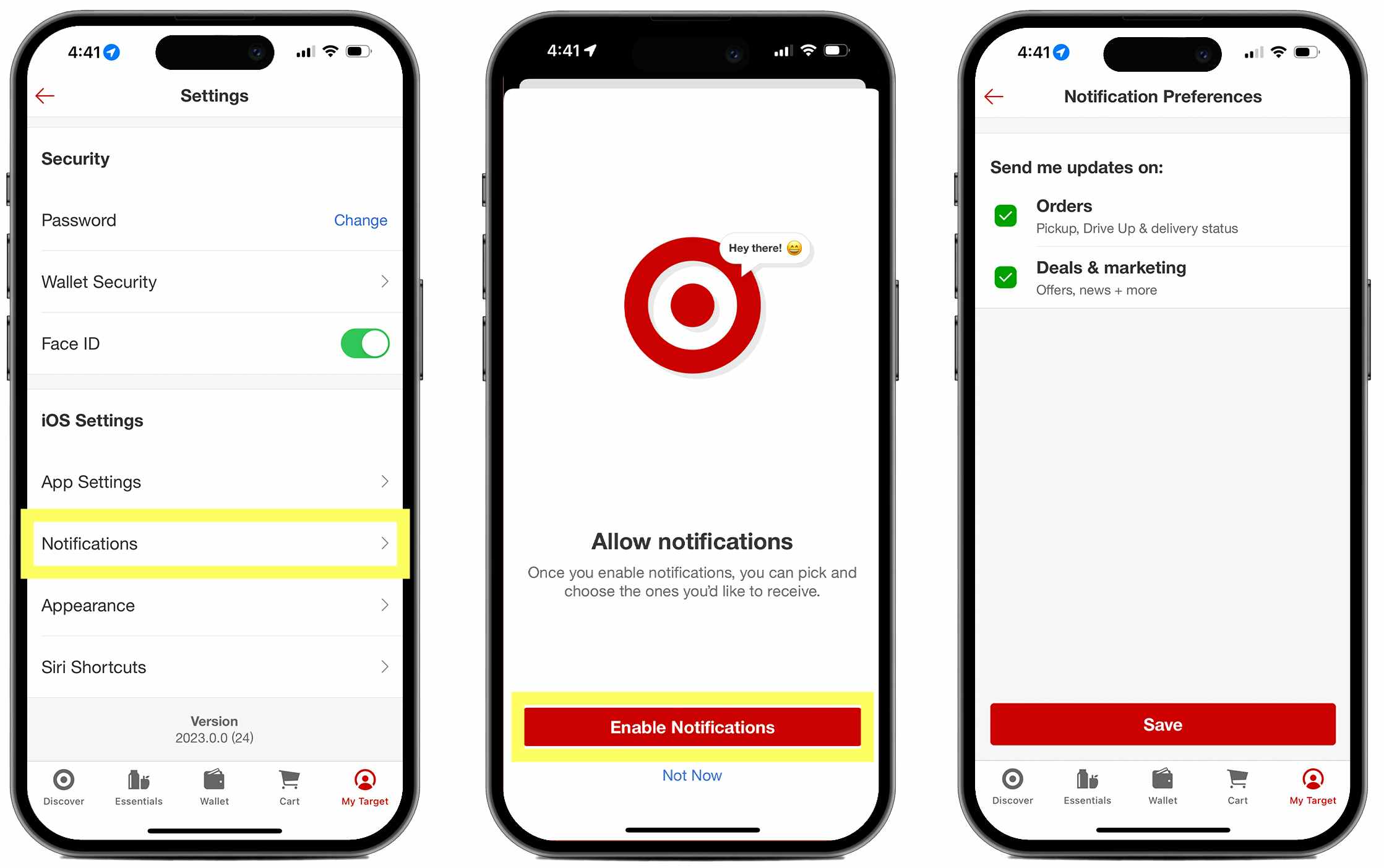 Three phones, the first showing the Target account settings menu, the second showing the prompt to enable notifications, and the third ...