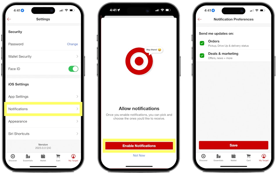 Three phones, the first showing the Target account settings menu, the second showing the prompt to enable notifications, and the third ...