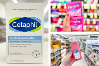 collage image of cetaphil cleansing bar, carefree pantiliners, and loreal toner