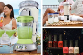 A margarita maker, nail polish set, and a personal blender in a collage