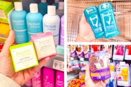 3 Walmart in-store images: Function of Beauty Haircare, Degree Deodorant & Unicorn Academy Toy