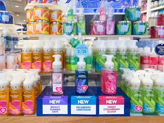 Summery-scented pump hand soaps on display at Bath & Body Works, including new scents: Bright Summer Days, Wildberry Lemonade, and ...
