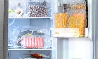 food in storage bags in a fridge 